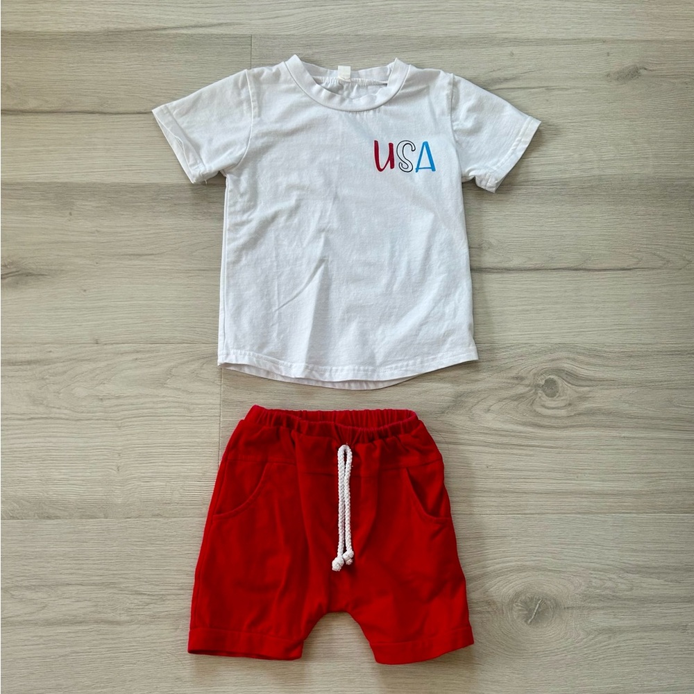 White USA T-Shirt and Red Shorts Set